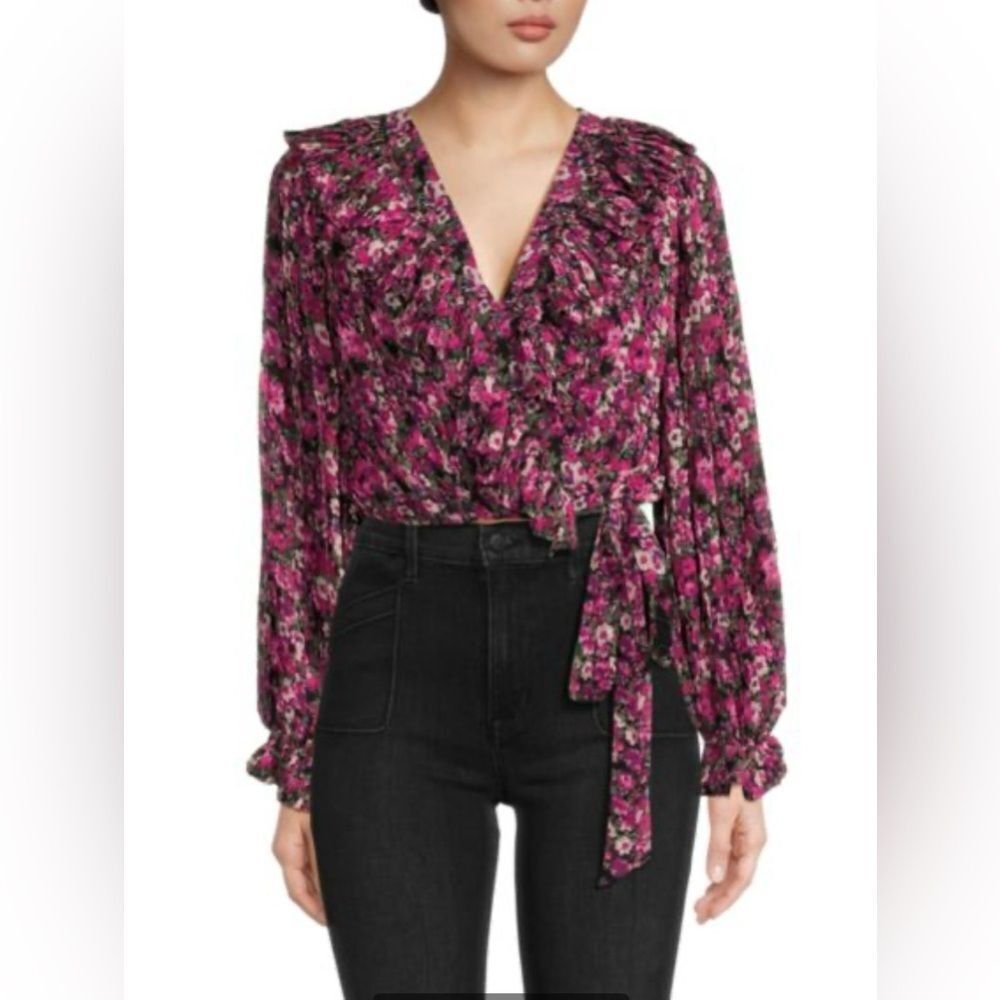 ENDLESS ROSE Floral Ruffle Trim Crop Top In Fuchsia Multi Size S